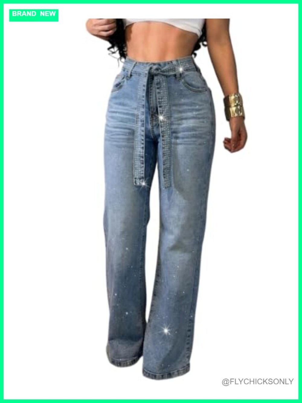 High Waisted Wide Leg Jeans Rhinestone Embellished Denim Pants with Sparkle Belt